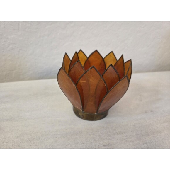 Vintage Capiz Shell Lotus Flower Burnt Orange with Brass Accent Candle Holder - Picture 8 of 12